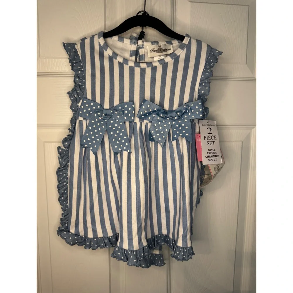 NWT Rare Editions Toddler Girls 2 Piece Stripe Gingham Ruffle Set Blue White 3T